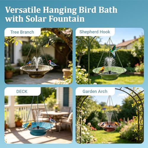 Hanging Bird Bath with Solar Fountain 29.5" H x 12.6" W Upgraded Metal Blue - Image 6