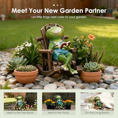 Flytime Frog Garden Decor, Frog in Rocking Chair, Whimsical Outdoor Statue - Image 5