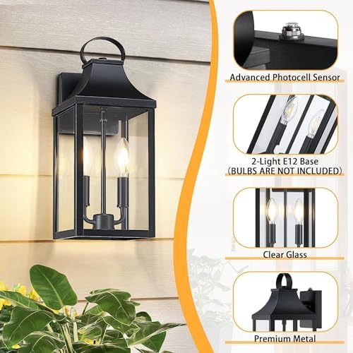 15" Dusk to Dawn Black Outdoor Wall Lantern 2-Light, Black - Image 5