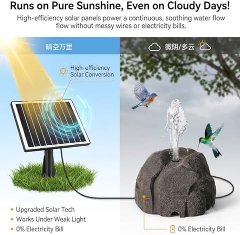 Realistic Granite Rock Solar Bird Bath Fountain - Premium Solar Fountain for Bird Bath, Full Water Pump Kit & Nozzles to Attract Hummingbirds to Your Garden (Grey) - Image 6