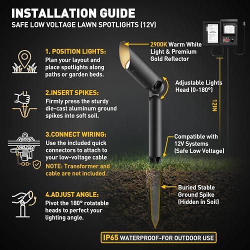 GOLDEN STAR Low Voltage Landscape Lights - 3W 100LM Compact Spotlights, 12V AC Cast Aluminum Accent Lighting, 2900K Warm White, Replaceable MR11 LED Bulb, with Reinforced Stakes - Image 7