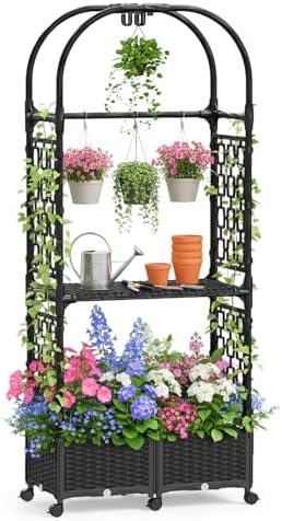71"x16"x32" Planter Box with Trellis, 3-in-1 Self-Watering Planter Box with Wheels for Patio,Raised Garden Bed with Trellis, Drainage Holes & Metal Storage Rack for Vine Climbing Plants - Image 2