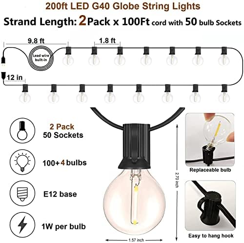 Outdoor String Lights Waterproof Patio Lights 200FT with 100+4 Shatterproof G40 LED Edison Outdoor String for Party Backyard Gazebo Pegola Cafe, 2Pack x 100ft - Image 5