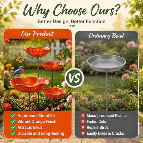 Handmade Metal Flower Bird Bath, Bee & Butterfly Watering Station, Decorative Outdoor Garden Stake with Vibrant Glossy Bowl for Yard Patio Lawn Planter - Image 6