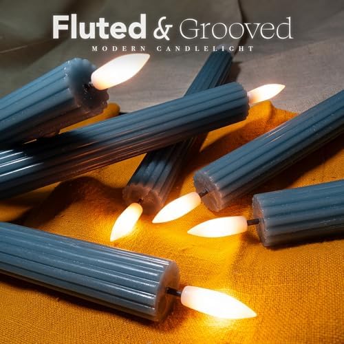12 Pack, 10" LED Flameless Blue Fluted Ribbed Grooved Taper Candles with 2 Remotes & 24h Timer Memory, On/Off Button, Dimmable, Flicker Mode, Battery Operated, Christmas Menorah Wedding - Image 3