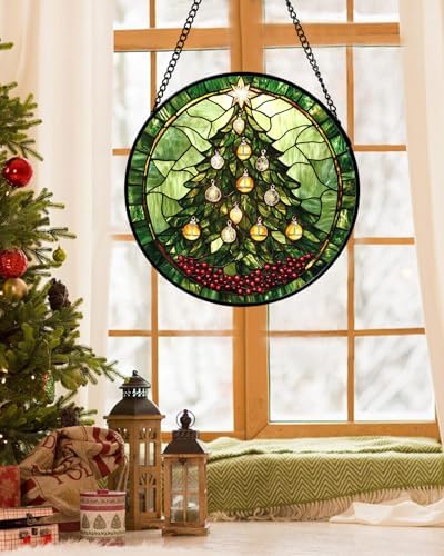Green Christmas Tree Golden Bells Stained Glass Window Hanging Gifts 9.8" - Image 2
