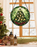 Green Christmas Tree Golden Bells Stained Glass Window Hanging Gifts 9.8" - Image 2