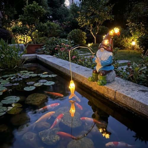 Solar Fishing Gnome Garden Decor Statue, Solar Powered Warm LED Lighted Gnome with Floral String Lights on Hat & Glowing Fish, Cute Outdoor Figurine for Patio Yard Pathway Lawn Decoration - Image 3