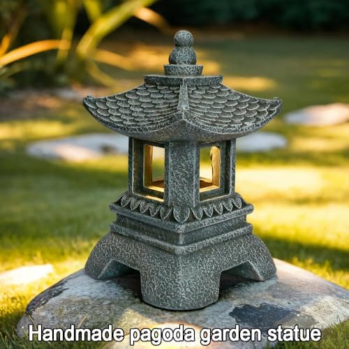 Solar Pagoda Decors Garden Statues, Zen Asian Outdoor Statues Accessories Japanese Pagoda Lamp Lantern for Garden Balcony Patio Porch Yard Art Ornament Decoration, 12 Inches - Image 2
