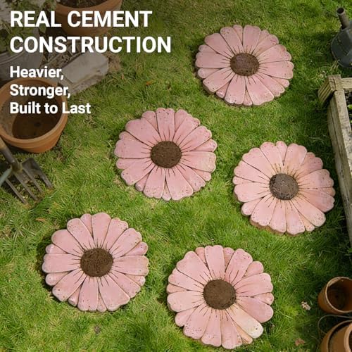 2 Pack Daisy Cement Stepping Stones 10 Inch, Heavy Duty Garden Pathway Stones, Non Slip Outdoor Walkway Decor for Yard Patio Lawn, Weather Resistant Fall Garden(Pink) - Image 2