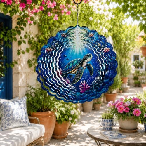 Shwing Wind Spinner 12 Inch Sea Turtle Wind Spinner Hanging Wind Sculptures Ocean Turtle Coral Reef Metal Ornament Outdoor Kinetic Garden Art for Patio Porch Beach Coastal Decoration by Unknown