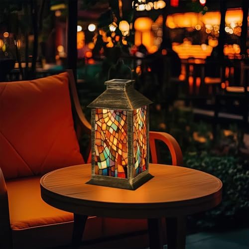 Solar Lantern Illusion Stained Glass Outdoor Garden Hanging Lantern Waterproof Solar Powered Lighting Outside Table Lamp for Patio Deck Yard Camping Beach House Decor, 1 Pack - Image 7