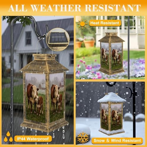 Solar Lantern Outdoor Waterproof Brown White Hereford Cow Young Calf Garden Decor LED Hanging Solar Lights Tabletop Lamp Gifts for Women Mom Outside Yard Patio Porch - Image 3