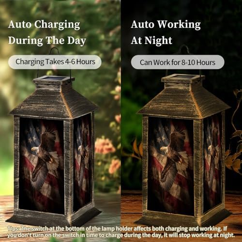 Solar Lantern Patriotic Eagle Soaring Weathered Flag Canvas Decor Outdoor Waterproof Garden Hanging Lantern Solar Powered Lighting Outside Table Lamp for Patio Deck Camping 1 Pack - Image 3