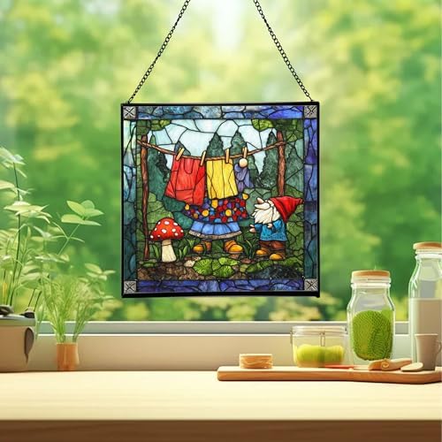 Gnome Hanging Laundry Stained Glass Suncatcher – Square Hanging Window Panel for Home, Garden, Nursery, Halloween, Christmas, Memorial Day – Whimsical Glass Art Gift for Gnome Lovers jfqeo9 - Image 2