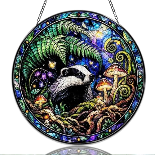 9.84 Inch Stained Glass Window Hanging Forest Badger and Mushroom Sun Catchers Woodland Animal Suncatchers for Home Porch Garden Indoor & Outdoor Decor by Unknown