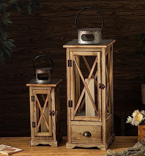 TIMRIS Large Farmhouse Wooden Candle Lantern Set of 2, Rustic Floor Candle Lanterns with Drawer, Vintage Hurricane Lantern Holder for Indoor Outdoor Decor (No Glass) - Image 6