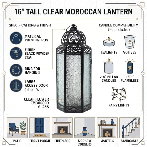 Vela Lanterns Decorative Indoor Candle Holder Table Centerpieces - Moroccan Hanging Outdoor Patio & Porch Home Decor, Turkish Floor Lamp for Wedding, Ramadan (Extra Large 16", Clear Glass) - Image 5