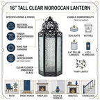 Vela Lanterns Decorative Indoor Candle Holder Table Centerpieces - Moroccan Hanging Outdoor Patio & Porch Home Decor, Turkish Floor Lamp for Wedding, Ramadan (Extra Large 16", Clear Glass) - Image 5
