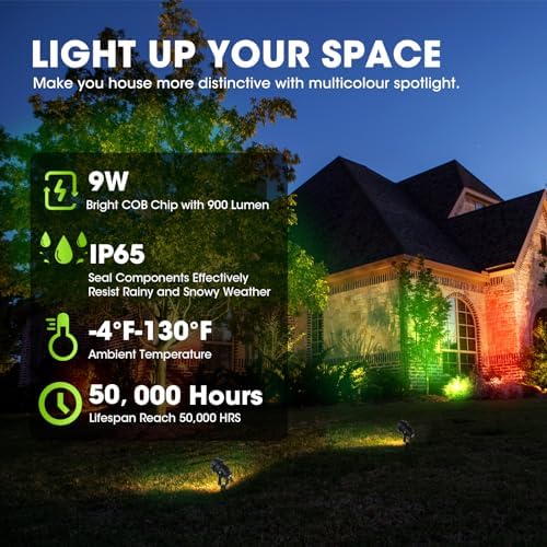 9W RGB Low Voltage Landscape Lights Color Changing Remote Control Spotlights Waterproof LED Landscape Lighting for Garden Pathway Christmas Halloween Outdoor Decorative(8Pack with Connectors) - Image 2