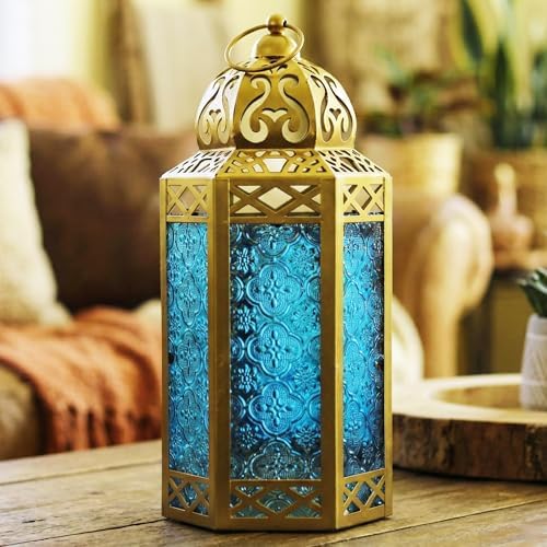 VELA LANTERNS 12" Metal Moroccan Decorative Candle Lantern Holders for Hanging or Table, Indoor Home Decor, Outdoor Patio or Porch, Weddings, Gold, Blue Glass, Large, Set of 2 - Image 2