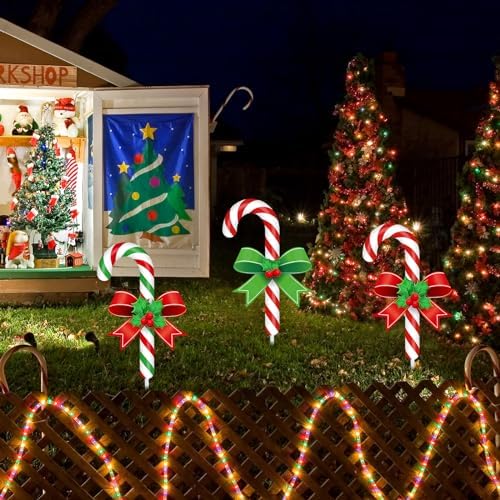 Drydiet 3 Pack Metal Christmas Yard Signs Decor Xmas Yard Stakes Outdoor with Stakes for Holiday Outdoor Garden Lawn Pathway Decoration(Candy Cane) - Image 4