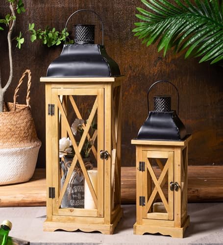 Venalys Farmhouse Wooden Metal Candle Lantern Set of 2, Rustic Large Decorative Floor Lanterns, Indoor/Outdoor Hurricane Lantern for Home Decor (No Glass) - Image 3