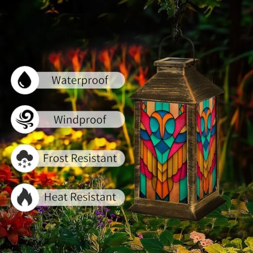 Solar Lantern Vintage Stained Glass Owl Art Outdoor Waterproof Garden Hanging Lantern Solar Powered Lighting Outside Solar Light for Patio Yard Camping, Gifts for Women Mom - Image 3
