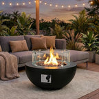 31.5'' Outdoor Round Black Propane Fire Pit Table with Wind Guard by ReeQuo-BEAUTYYOURHOMEBEAUTYYOURLIFE