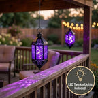 Vela Lanterns Hanging Moroccan Lantern with LED Twinkle Fairy Lights - Exotic Decorative Patio & Porch Decor, Indoor Outdoor Candle Lamp Holder with Chain (13" Large, Purple Glass) - Image 3