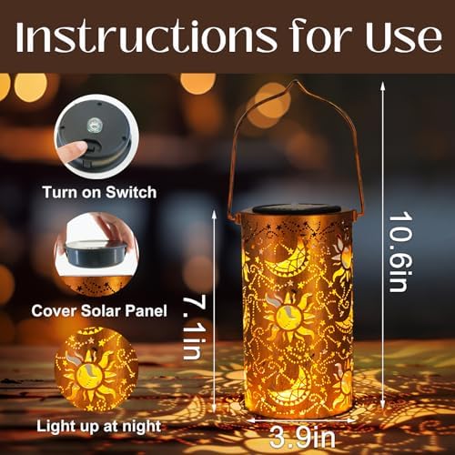 DIBIEECN Birthday Gifts for Women Mom Grandma Wife, Solar Lanterns Outdoor Waterproof, Metal Hanging Lights Garden Decor, LED Decorative Lantern for Patio Porch Backyard, Sun and Moon, 1 Pack - Image 4