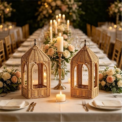 2 PCS Handmade Artificial Rattan Candle Lantern, Boho Woven Decor for Indoor Outdoor Patio Garden Wedding Home - Image 2
