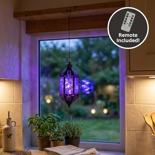 Vela Lanterns Hanging Moroccan Lantern with LED Twinkle Fairy Lights - Exotic Decorative Patio & Porch Decor, Indoor Outdoor Candle Lamp Holder with Chain (13" Large, Purple Glass) - Image 4