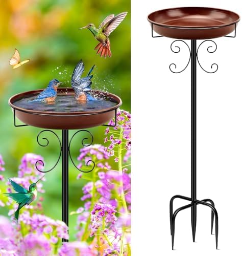 Daoeny Heavy Duty Bird Baths for Outdoors, 35In Outdoor Freestanding Birdbaths & Birdfeeder, Bird Bath Feeder Bowl with Metal Stake Garden Patio Yard Lawn Decor, Upgraded 5-Pronged Base (Brown) by Daoeny