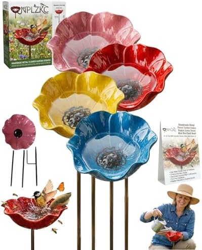 Handmade Metal Flower Garden Stakes Grace Decor Mini Bird Bath Bowl Supports for Outside Outdoors Pollinator Butterfly Bee Watering Station Birdbath Hummingbird Water Feeder Yard Art Gift(4MIX) by Unknown