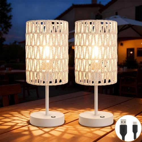 Boho Cordless Outdoor Table Lamps, Rechargeable Battery Operated Rattan Table Lamps, Stepless Dimmable, for Covered Patio, Porch, Gazebo, Living Room, Bedroom Decor- Set of 2 (Ivory White) by ALLFORTUNE