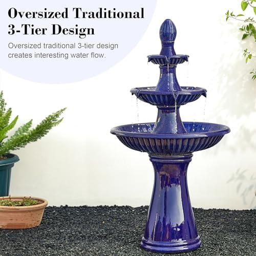 Glitzhome Water Fountain Outdoor Floor-Stand Fountain with LED Light & Pump Oversized 3 Tier Ceramic Cobalt Blue Patio Fountains and Waterfalls Outdoor Yard Fountains for Lawn Garden Backyard - Image 5