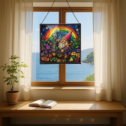 Rainbow Garden Gnome Stained Glass Suncatcher – Square Hanging Window Panel for Home or Greenhouse – Whimsical Glass Art Gift for Garden Lovers, Christmas, Halloween, Father Days moNsPG - Image 6