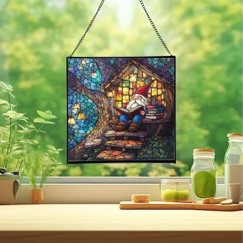 Gnome Reading in Treehouse Stained Glass Suncatcher – Square Hanging Window Panel for Home or Greenhouse – Whimsical Glass Art Gift for Garden Lovers, Christmas, Halloween, Father Days yU5sb7 - Image 2