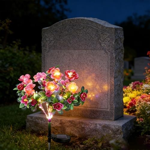 Memorial Garden Bloom Lights – Featuring Ultra-Realistic Artificial Petals, Solar-Powered & Weatherproof, Solar Azalea Flower Decor Stake Lights Outdoor for Cemetery Gravesite Yard Patio (5PCS-Pink) by Unknown