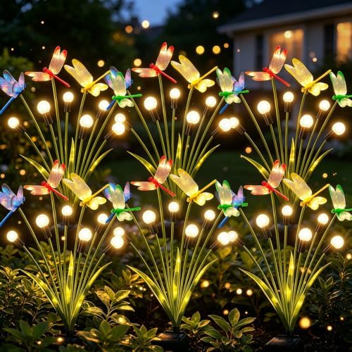 VOOKRY Dragonfly Solar Garden Lights Outdoor (6 Pack, 36 LEDs), Dragonfly Outdoor Decor with Solar Firefly Lights Waterproof Swaying Light for Yard Patio Pathway Gardening Gift for Women, Warm White by VOOKRY
