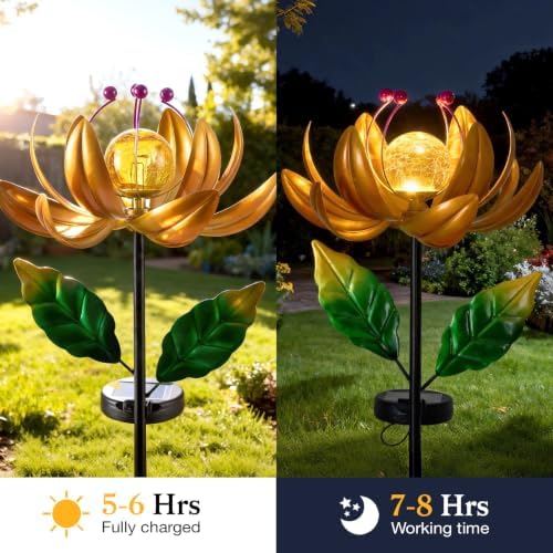 Garden Decor for Outside Solar Wind Spinners for Yard-Metal Lotus Flower Windmills LED Crackle Glass Globe Outdoor Garden Decor Yard Art Lawn Ornament - Image 6