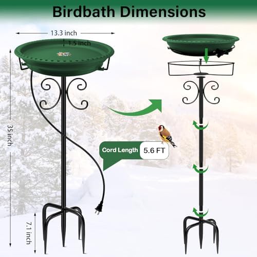 Daoeny Heated Bird Baths for Outdoors, Upgraded 100W Thermostatically Controlled Heated Bird Bath with 5-Prong Metal Base, Heated Bird Bath for Outside Winter Garden Patio Yard Lawn(Green) - Image 6