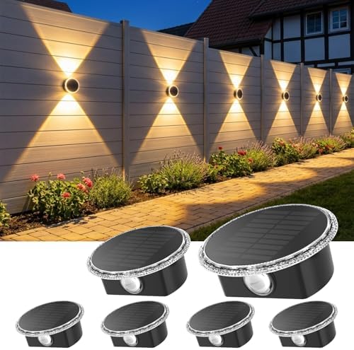 Ellasay Solar Fence Lights Outdoor: 360° Circular Lighting Solar Powered Wall Lights 12 Hours Long Runtime Up and Down Waterproof IP65 & 3 Modes High Brightness LED Focus Lens for Fence/Yard - 6 Pack by ELLASAY