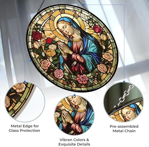 Virgin Mary Stained Glass Window Hanging Stained Glass Suncatcher Birthday Gift for Mom Grandma Teacher Women Friend Memorial Hook - Image 3