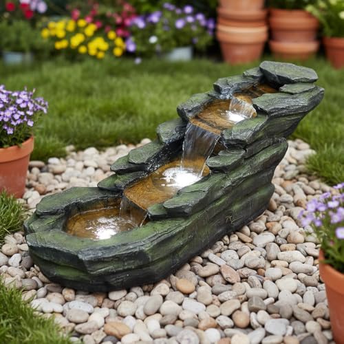 Naturefalls 44” Length Outdoor Rock Water Fountain with LED Lights - 4-Tiers Poly-Resin Cascading Waterfall Fountain for Garden, Patio, Yard, Home Decor - Image 2
