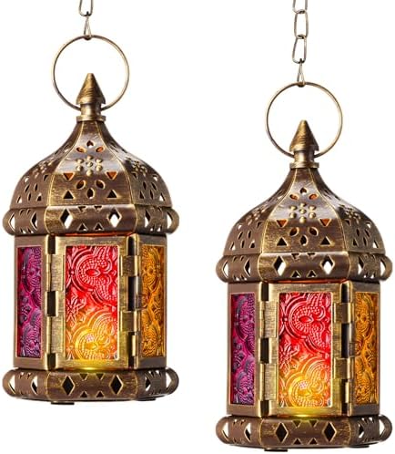 Retisee 2 Pcs 6.7 Inch Moroccan Lantern Decorative Hanging Indoor & Outdoor, Vintage Metal Candle Lantern Holder, Mini Candle Holder, for Table, Patio, Porch, Shelf, Ramadan Eid Ul Fitr Home Decor by Retisee