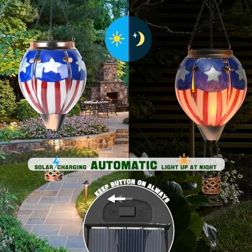 Hot Air Balloon Solar Lantern - U.S Flag Patriotic Glass Lantern, Simulated Flickering & Dancing Flame, Outdoor Hanging Yard Light Waterproof IP65, Ideal 4th of July Gift for Patriot Patio Decor - Image 3