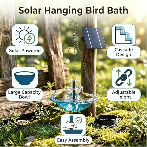 2026 New Solar Bird Bath Fountain, Large Hanging Cascade Water Bowl with Solar Pump, Outdoor Fountain for Hummingbirds, Garden, Patio & Backyard Decor - Image 4