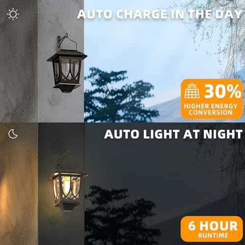 Solar Lanterns Outdoor Waterproof 2 Pack, Glass Auto On/Off LED Hanging Solar Lights, Outdoor Lantern with Wall Mount for Yard Fence Patio - Black - Image 3